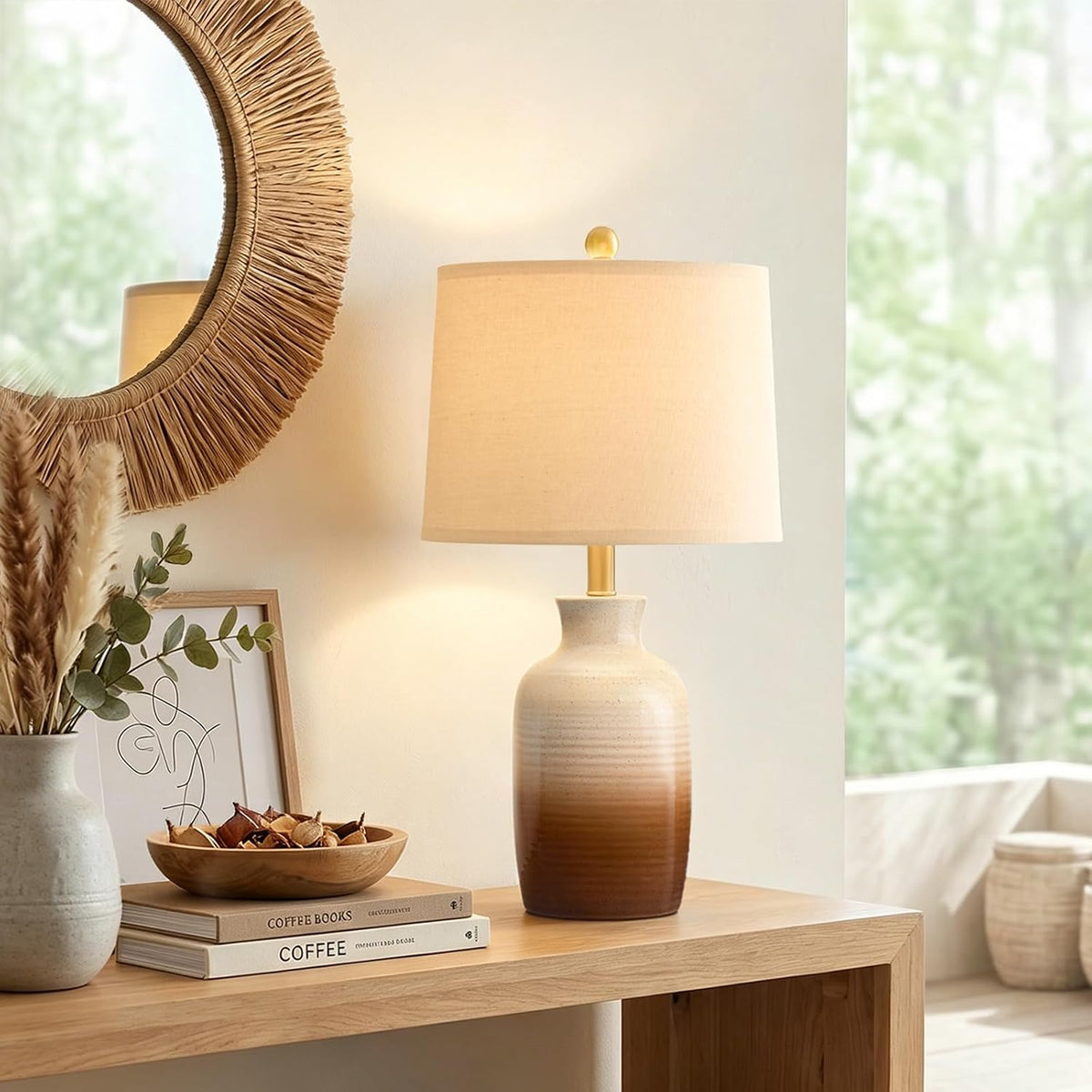 PoKat 24'' Farmhouse Handcrafted Table Lamp for Living Room, Rustic Ceramic Bedroom Lamps for Night Stands, Bedside Lamps with Soft Ombre Finish for Entryway Sideboard End Table (Beige and Brown)