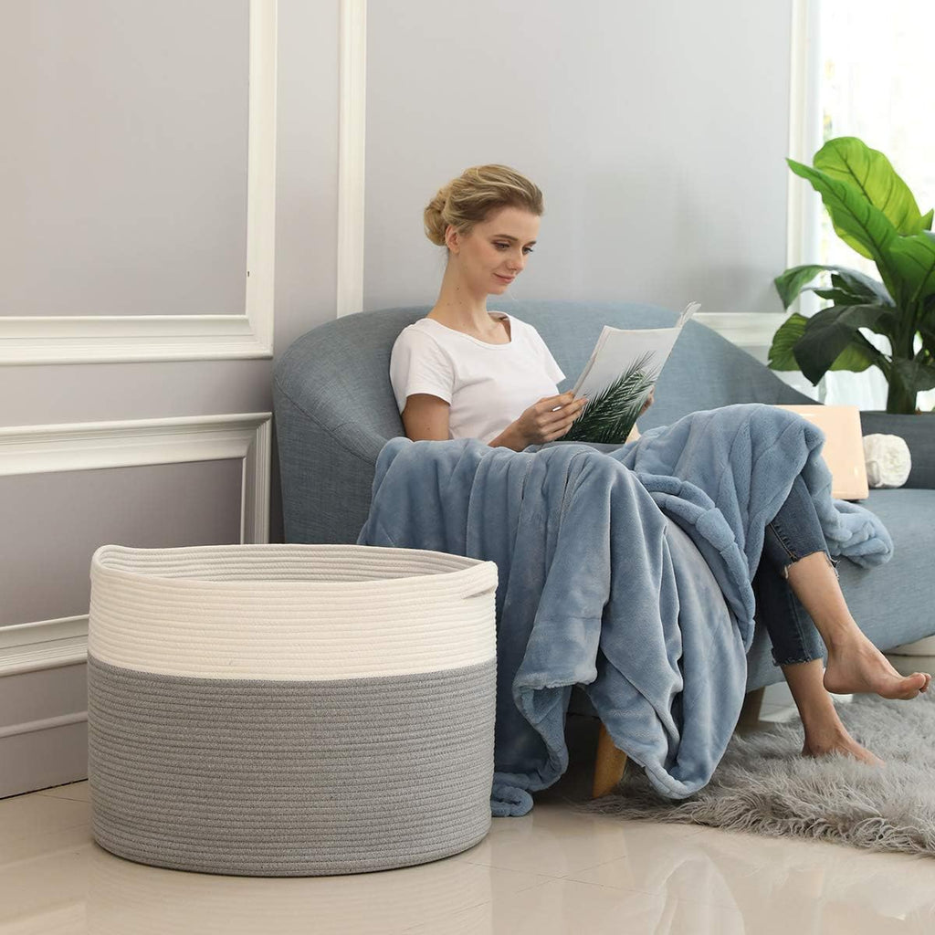 24x24x17 Inch Cottonphant Extra Large Round Blanket Basket for Living Room, Open Woven Cotton Rope Storage Basket, Jumbo Bin for Bedroom Playroom, Grey