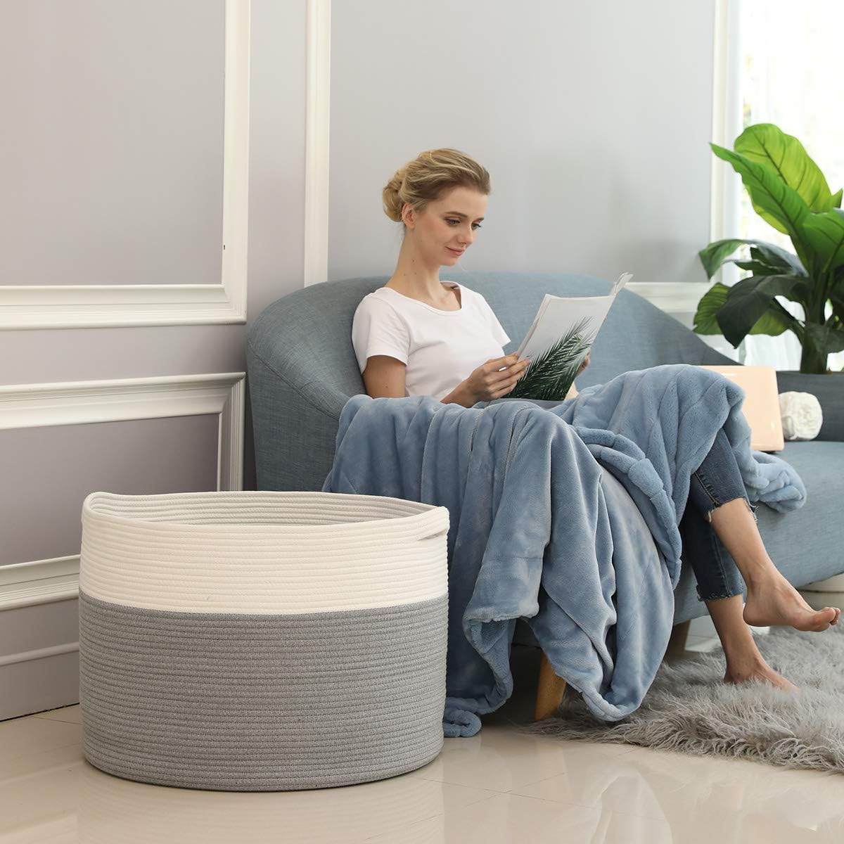 24x24x17 Inch Cottonphant Extra Large Round Blanket Basket for Living Room, Open Woven Cotton Rope Storage Basket, Jumbo Bin for Bedroom Playroom, Grey