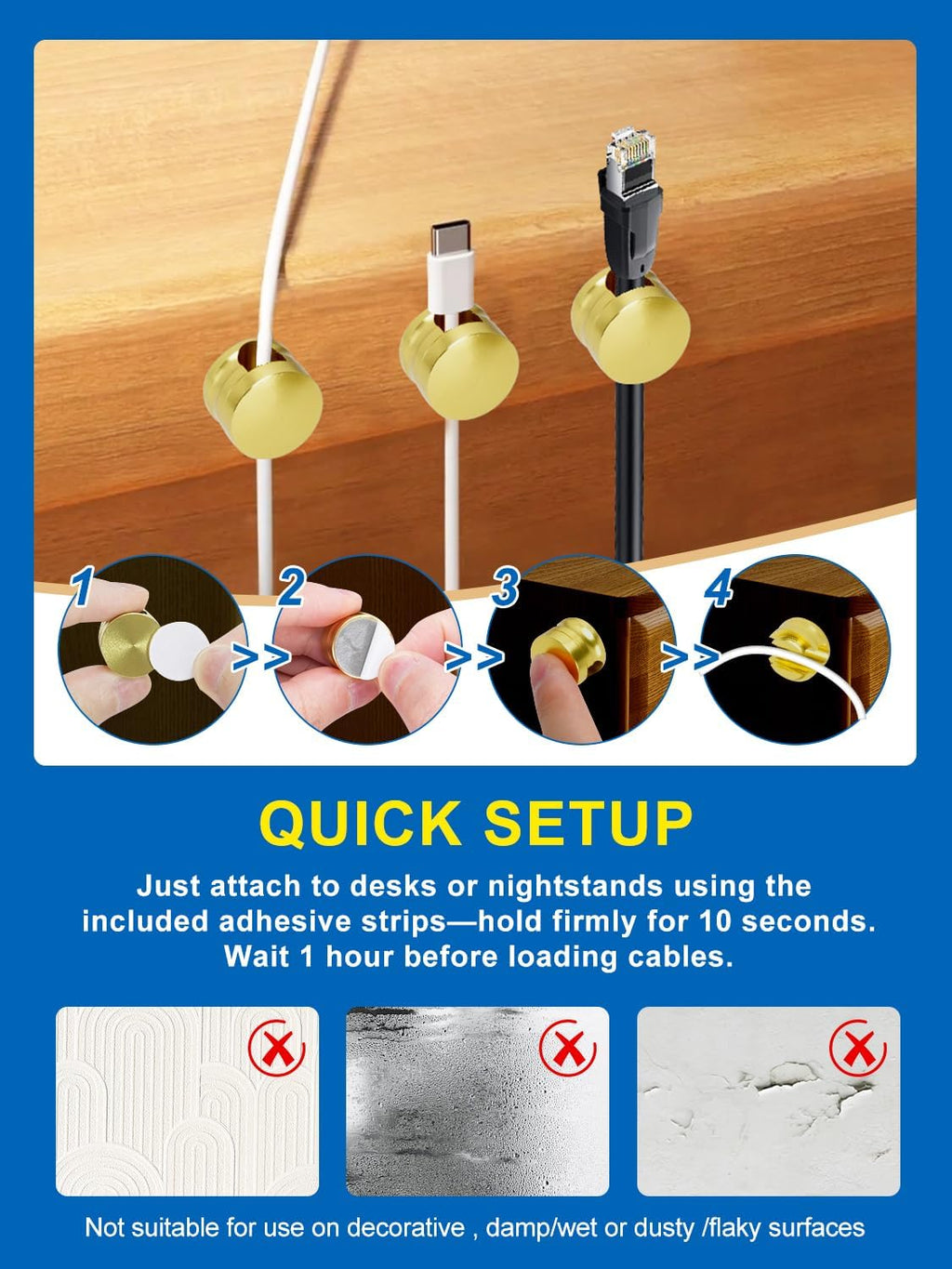 3 Pack Upgraded Cord Management Clips with Extra-Large Adhesive