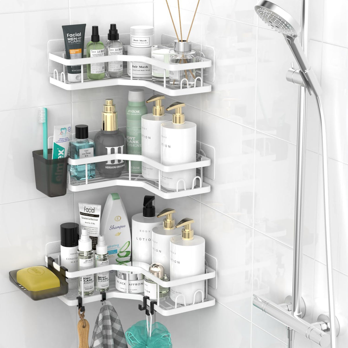 AKTECKE Corner Shower Caddy Bathroom Organizer Adhesive Shower Rack Bathtub Shelves- 3Pack No Drilling Shower Shelf For Inside Shower - Rustproof Bath Tub Organizer Caddy
