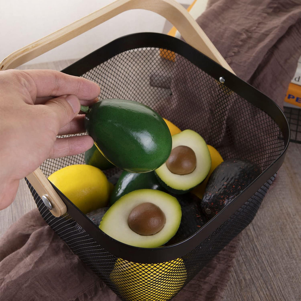 IBWell Square Metal Wire Woven Fruit Storage Bowl Basket with Wooden Handle, Large Black Mesh Fruit Stand, Multi-function Hanging Kitchen Baskets (Black, Nomal 2PCS)