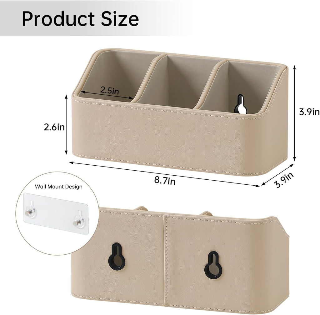 Hole-Free Wall-Mounted PU Leather Remote Control Holder, 3-Compartment Desktop Organizer, Perfect for Living Room, Bedroom, TV Side, Bathroom and More (Beige)