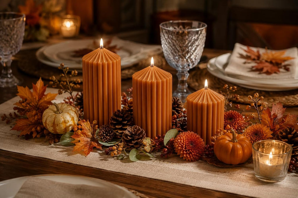 Brown Pillar Candles Set of 3, Fall Thanksgiving Candle Decor