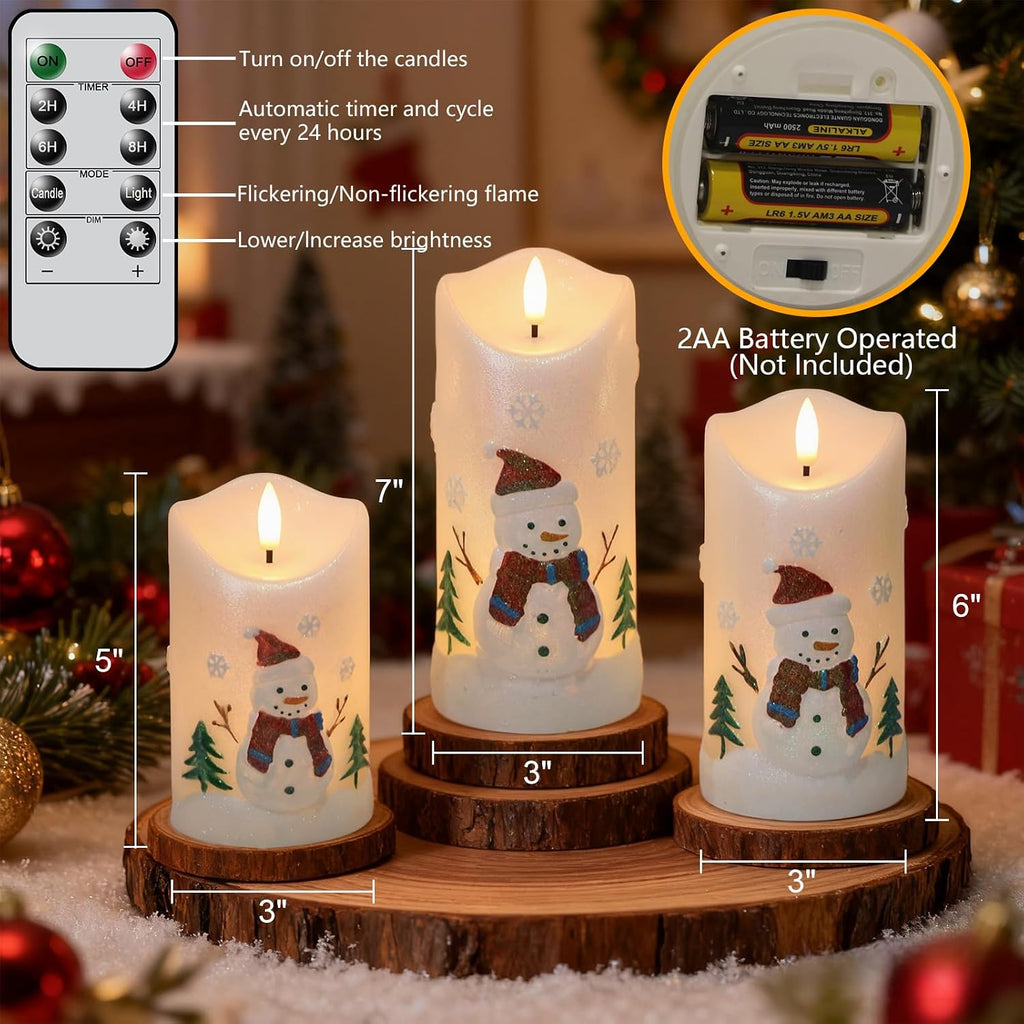 Eldnacele Snowman Relief Christmas Flameless Candles with Remote and Timer