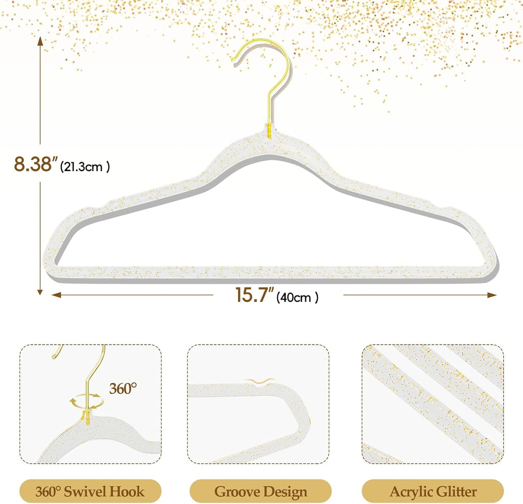 50 Pack Clear Acrylic Hangers with Gold Glitter, Space Saving