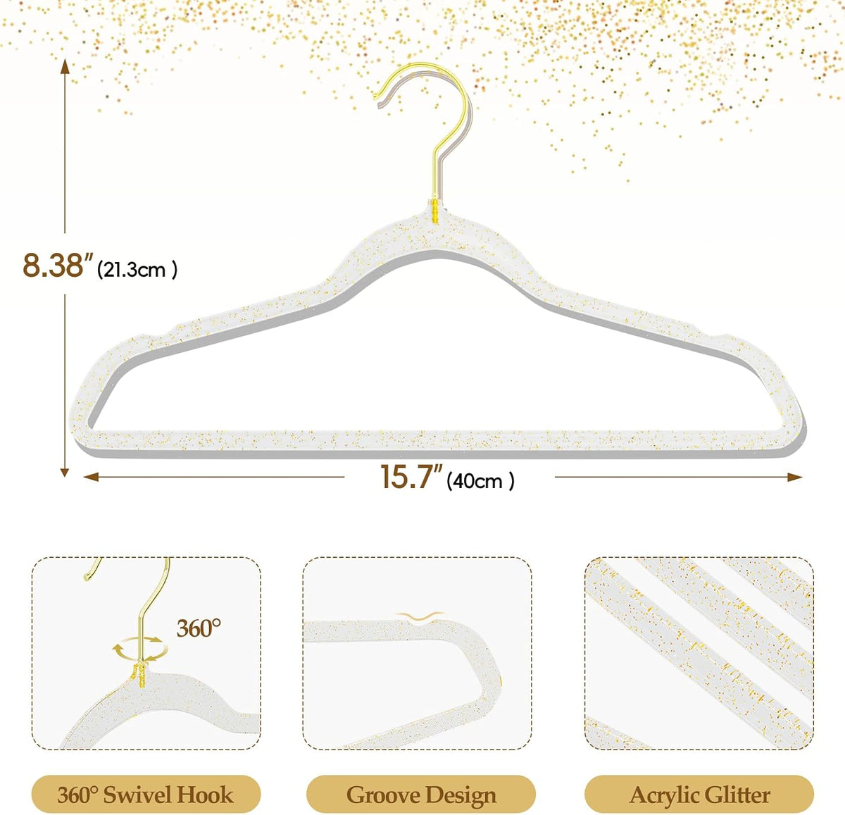 50 Pack Clear Acrylic Hangers with Gold Glitter, Space Saving