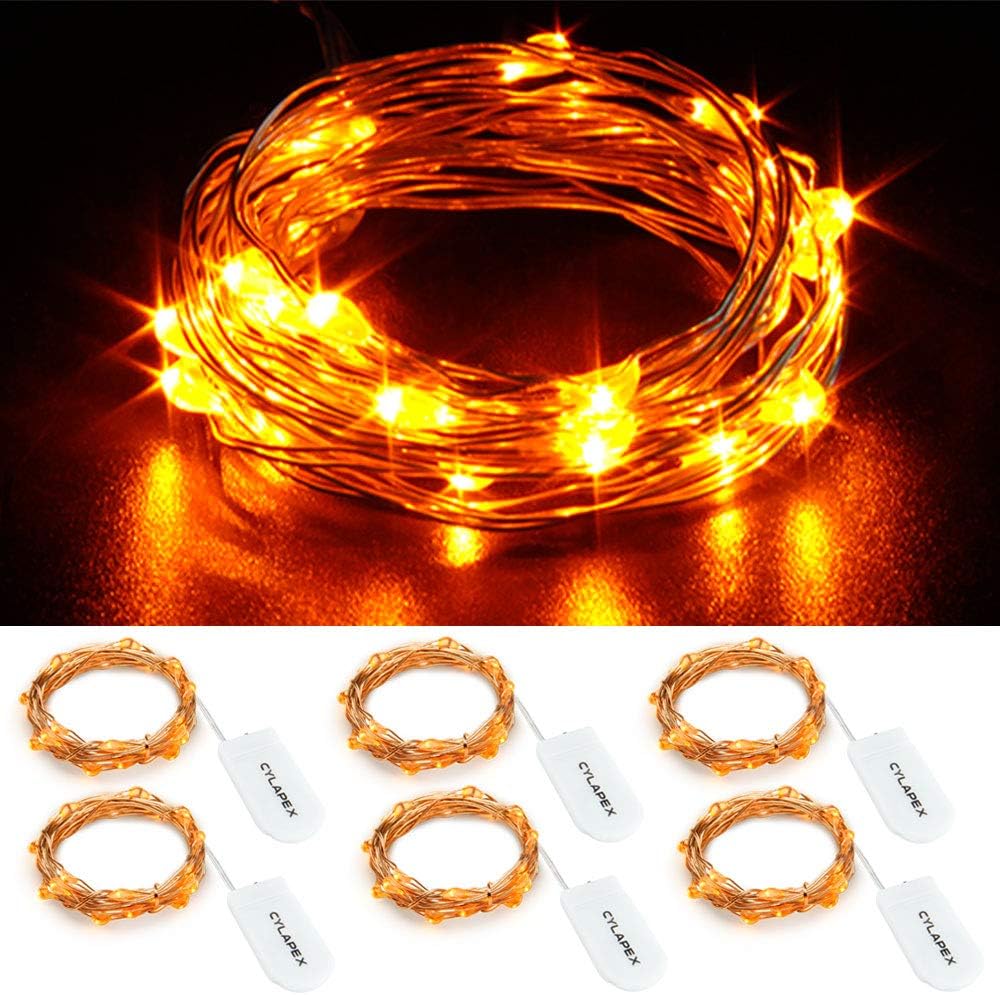 CYLAPEX 6 Pack Fairy Lights Battery Operated 7ft 20 LED Mini String Lights Silver Wire Firefly Starry Moon Twinkle Lights for Halloween Mason Jars Party Christmas Centerpiece Table Decorations, Orange