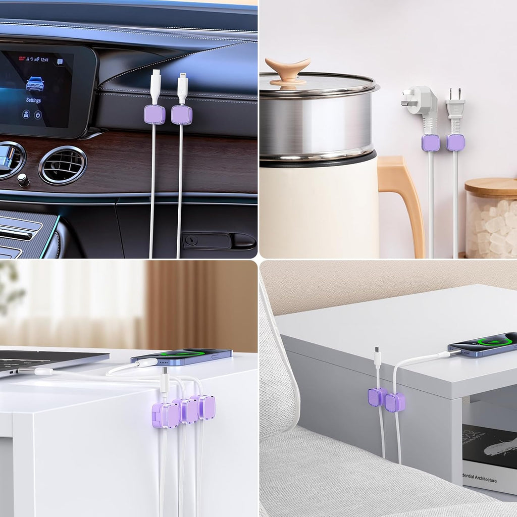 Cord Organizer for Desk, 6 Pack Magnetic Cable Clips Holder for Nightstand, Strong Adhesive Wire Organizer Keeper Phone Cord Holder for Office Car Home Kitchen Appliances Wall, Clear Purple