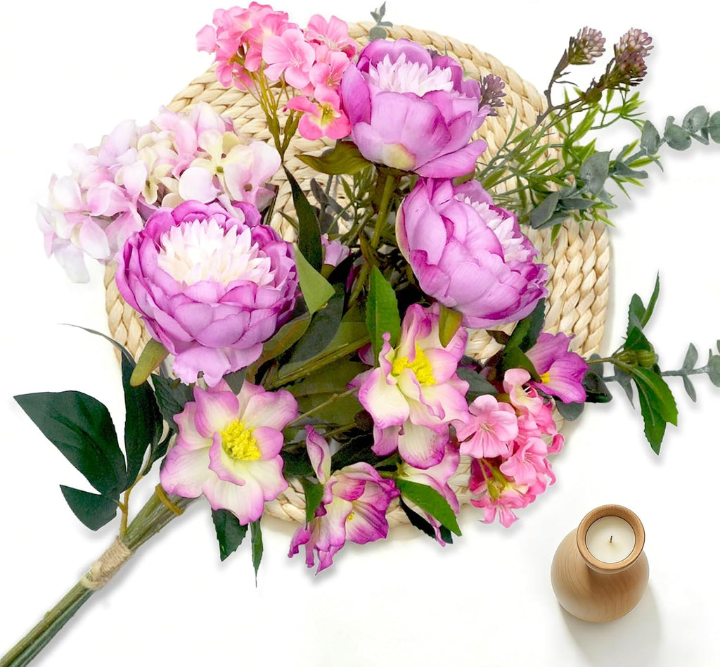 Artificial Flowers Bouquet – Fake Silk Hydrangea Peony and Eucalyptus Mix, Faux Flower Arrangements for Home, Office Decor and Dining Table Centerpieces (Pink &Magenta)