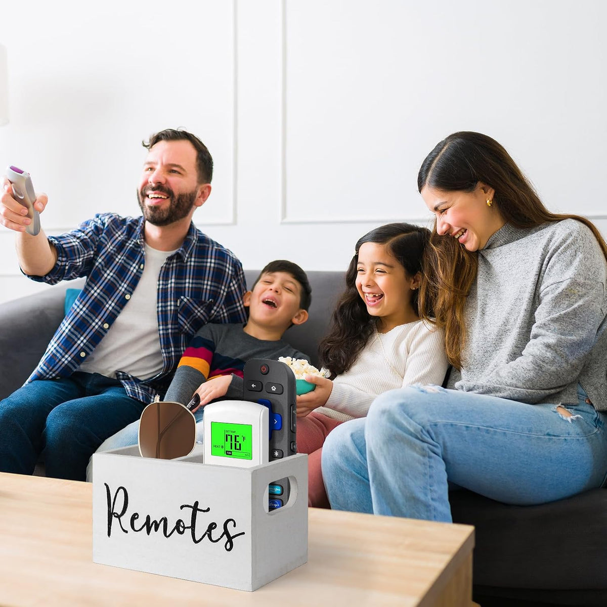 Remote Control Holder, Wooden TV Remote Holder for Table, Remote Caddy Organizer with 2 Compartments, Media Storage Box for Nightstand, Couch (White)