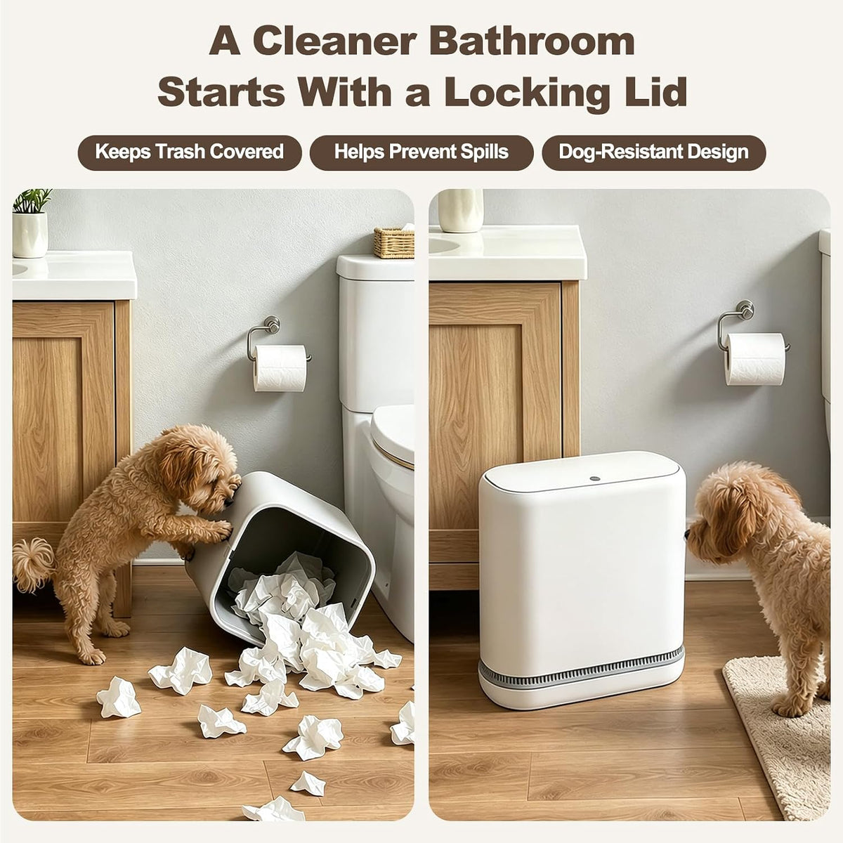Spreezy Small Bathroom Trash Can with Lid, One-Touch Press, 2.3 Gallon
