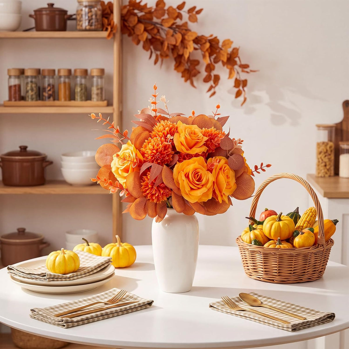 Yinder 120 Pcs Orange Artificial Eucalyptus Stems and Faux Flowers, Fall