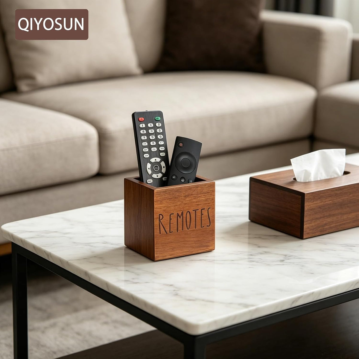 Remote Control Holder, Farmhouse Wood TV Organizer for Table, Wooden Remote Control Organizer, Remote Storage Caddy, Remote Control Organizer (Brown, 3.5 Inch-Labeled REMOTE)