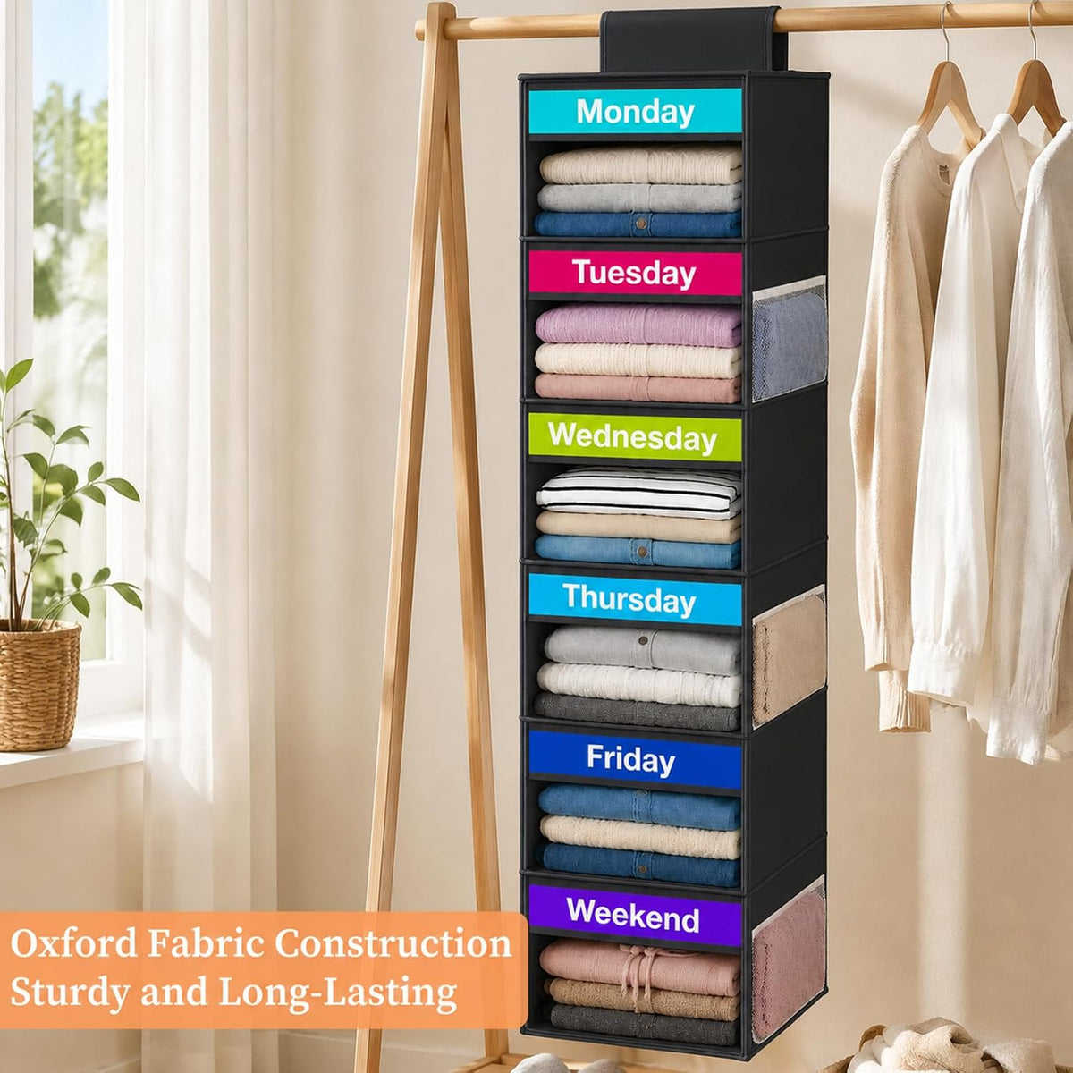 Weekly Clothes Organizer for Closet, 6-Shelf Hanging Closet Organizer with 6 Side Pockets(Black)
