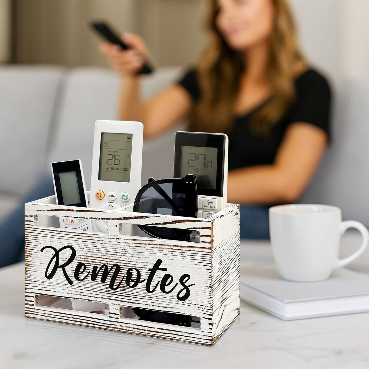 Wooden TV Remote Control Holder Wall Mount Remote Caddy Organizer for Table