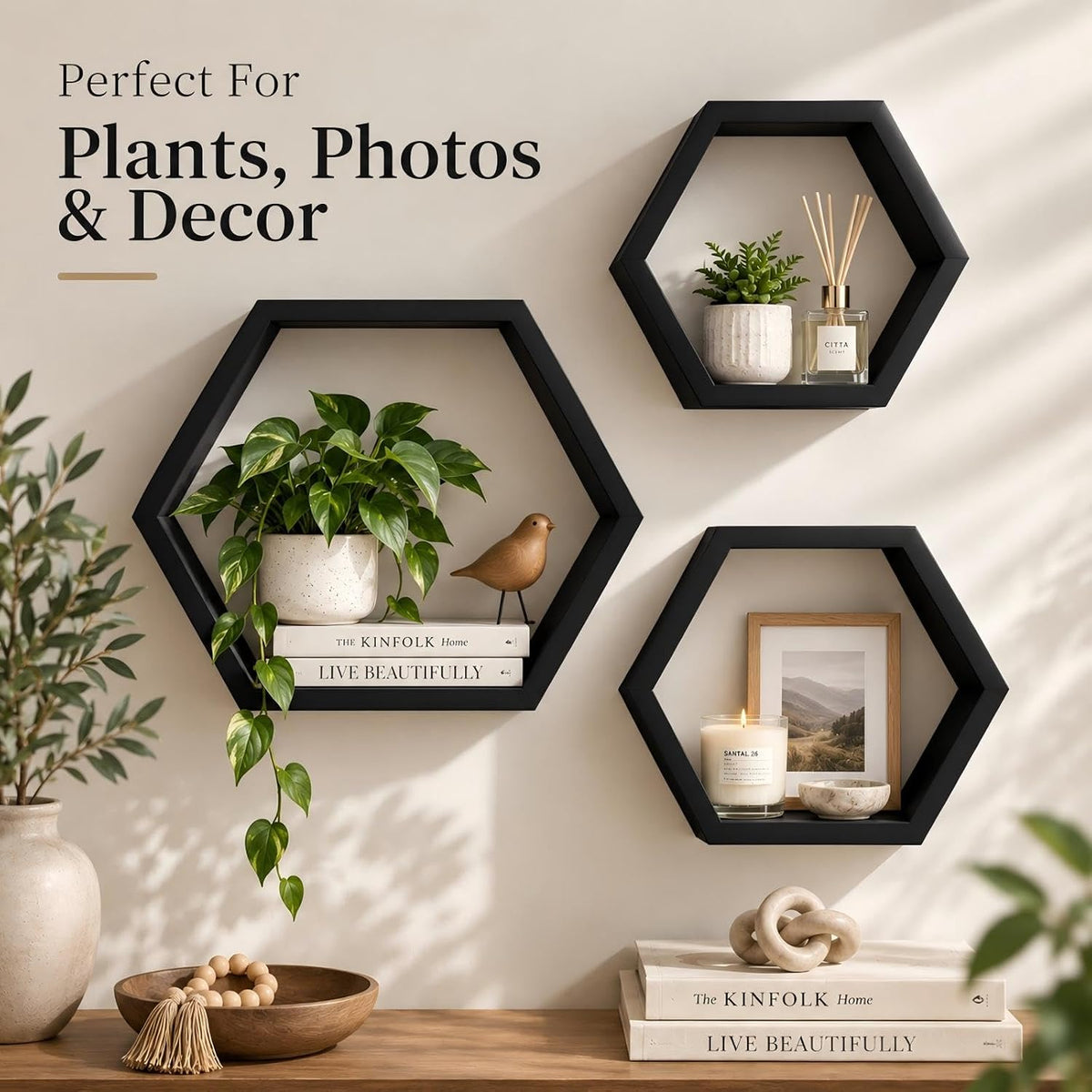AHDECOR Wall Mounted Hexagon Floating Shelves, Wooden Wall Organizer Hanging Shelf for Home Decor, Set of 3, Black