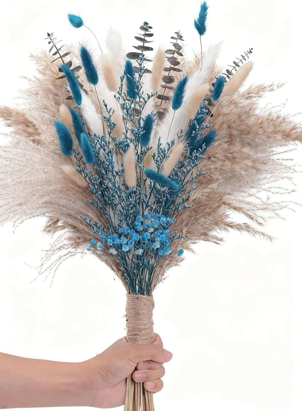 Real Blue Boho Decor Pampas Grass and Babys Breath, Eucalyptus Bouquet