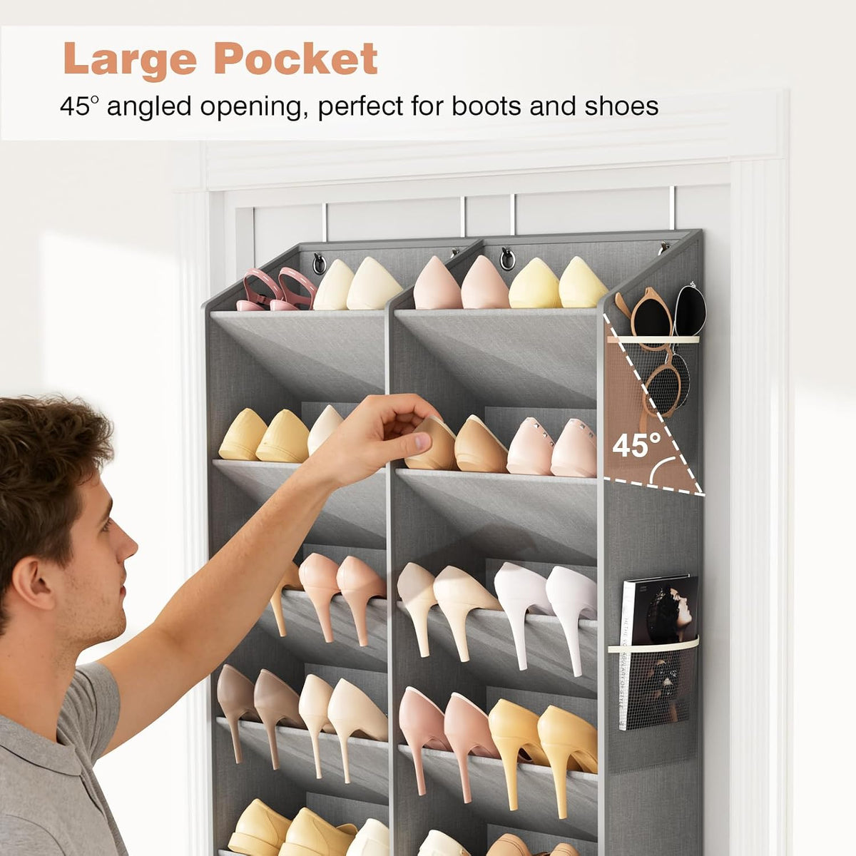 LANTEFUL Over the Door Shoe Organizer, Hanging Shoe Rack for Closet Door Shoe Storage for 30 Pairs Sneaker and Boots, Large Shoe Holder for Door with 10 Side Pockets, Space Saving, Grey