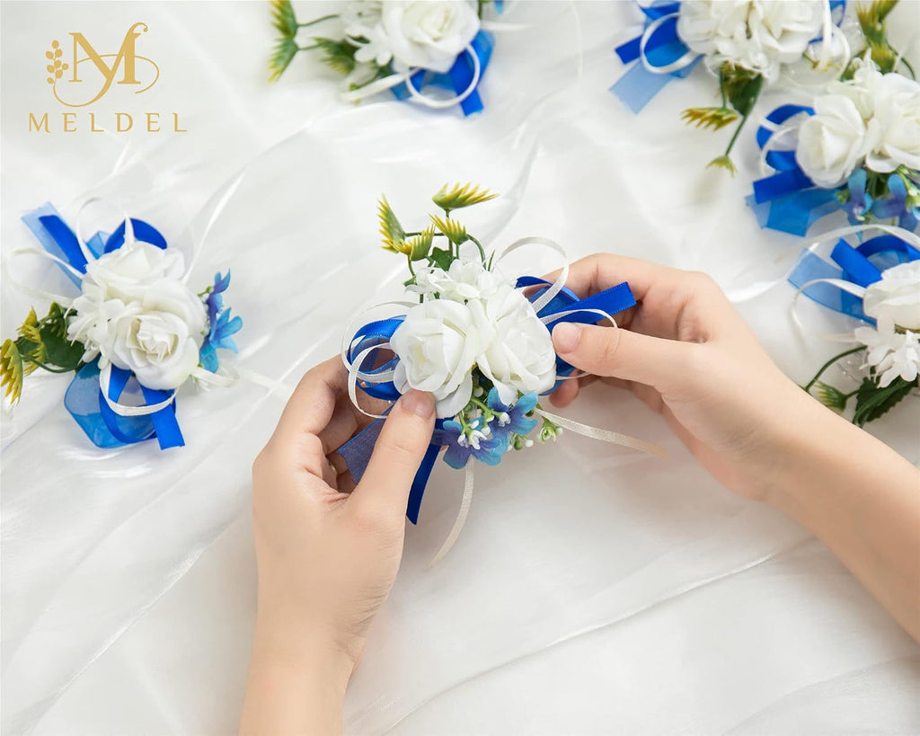 6Pcs White and Blue Artificial Rose Wrist Corsages for Wedding Prom