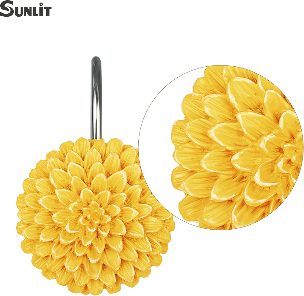 Sunlit Decorative Floral Shower Curtain Hooks, Dahlia Pinnata Flower Shower Curtain Rings, Resin, Bathroom Decoration Yellow Shower Curtain Hooks-12 Pack