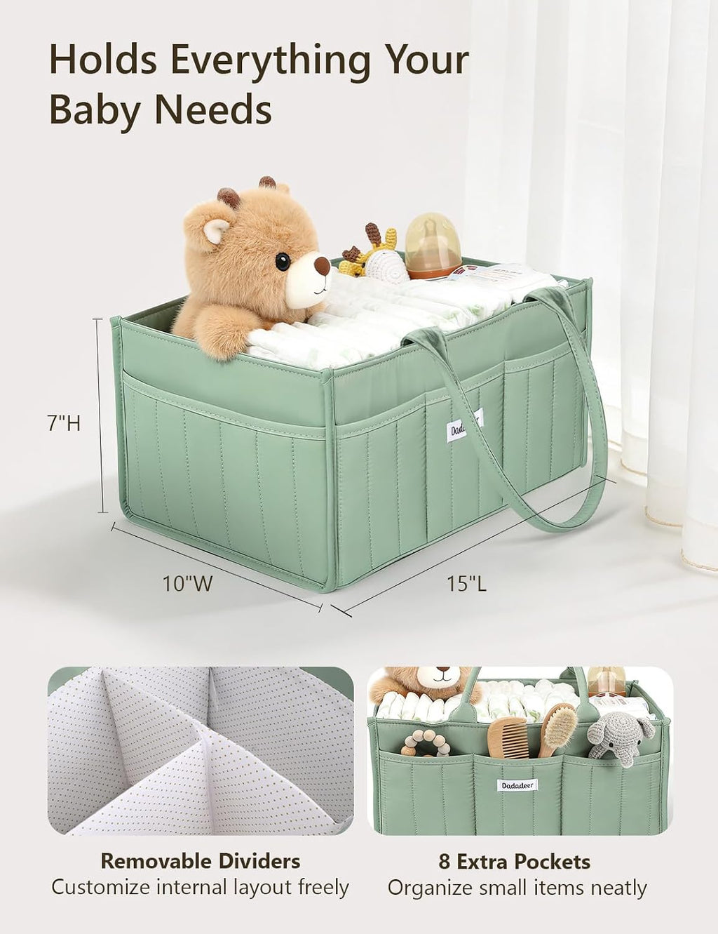 Quilted Diaper Caddy Organizer, Nursery Storage Basket with Dividers
