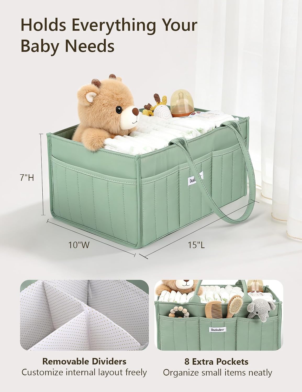 Quilted Diaper Caddy Organizer, Nursery Storage Basket with Dividers