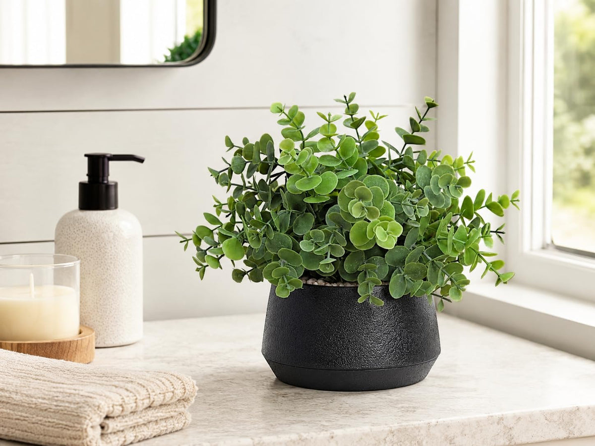 365 Blooming Decor Artificial Eucalyptus Plant–10.2"x11.4" Luxury Faux Potted Greenery in Black Textured Pot with Real Pebbles, Premium Material, No Assembly, Farmhouse, Coffee Table, Bathroom Decor//