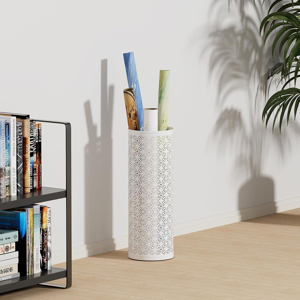 Metal Round Umbrella Stand Rack,Free Standing Umbrella Holder Bin,Canes Walking Sticks Holder for Entryway,Home,Office,White