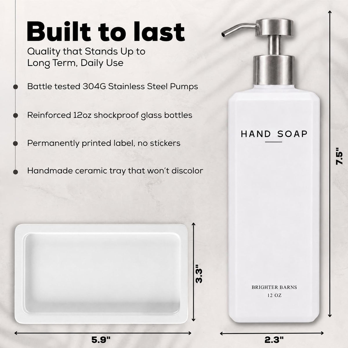 White Glass Hand and Dish Soap Dispenser Set by Brighter Barns - 12oz Kitchen Soap Dispenser Set with Pump & Tray for Hotel, Vacation Rental, Home - Modern Kitchen Decor & Accessories (White/Silver)