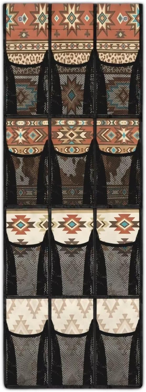Aztec Tribal Pattern Hanging Shoe Organizer,Shoe Organizer Door Hanger with 12 Mesh Large Pockets,Behind Door Shoes Hang Holder Rack