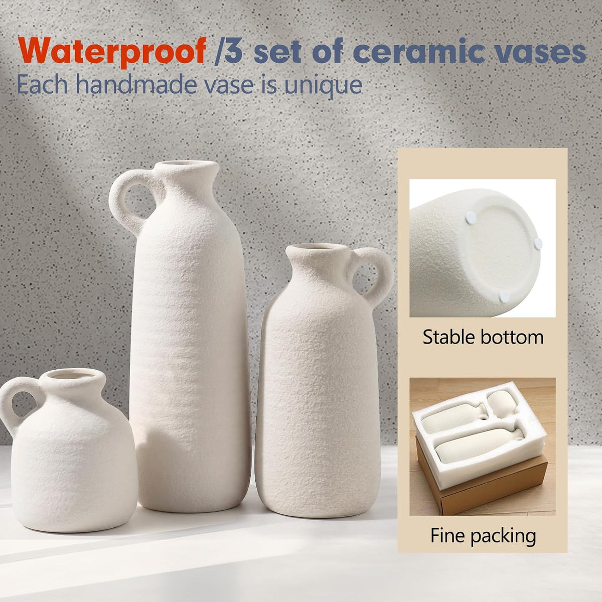 White Ceramic Vase Set of 3 with Handle, Waterproof Vases for Pampas Grass
