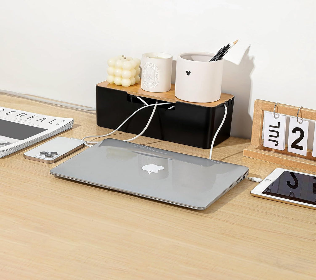 Cable Management Box, Cord Organizer Box with Bamboo Lid, Black