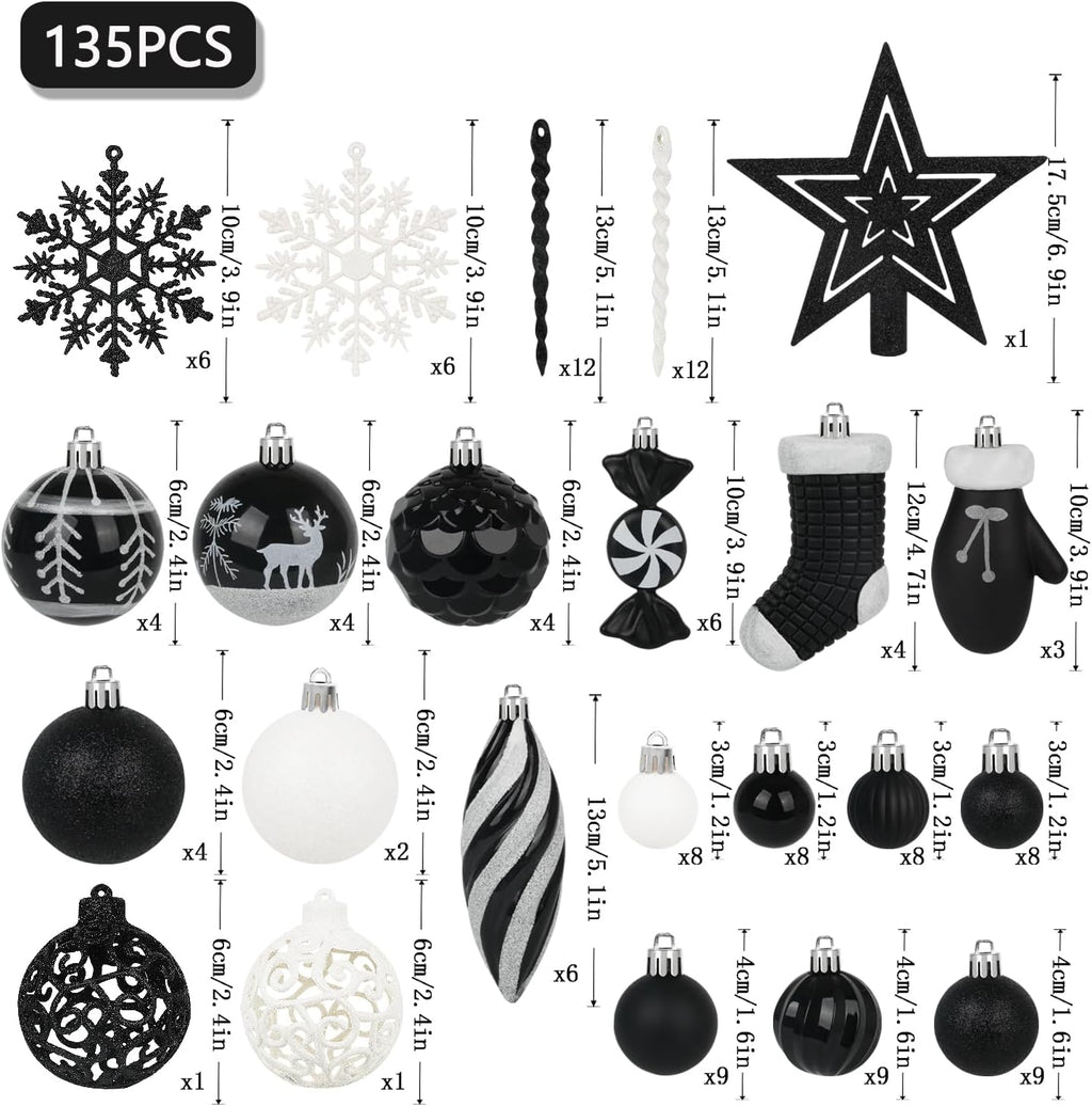 Artmag 135 Pcs Christmas Ball Ornaments Set, Pre-Tied Shatterproof Plastic Assorted Christmas Balls for Xmas Tree Hanging Decorations Festival Party Holiday Decor (Black)