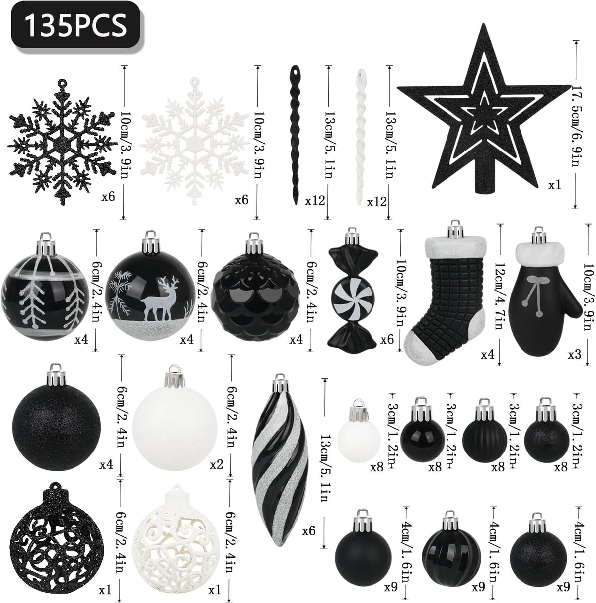 Artmag 135 Pcs Christmas Ball Ornaments Set, Pre-Tied Shatterproof Plastic Assorted Christmas Balls for Xmas Tree Hanging Decorations Festival Party Holiday Decor (Black)