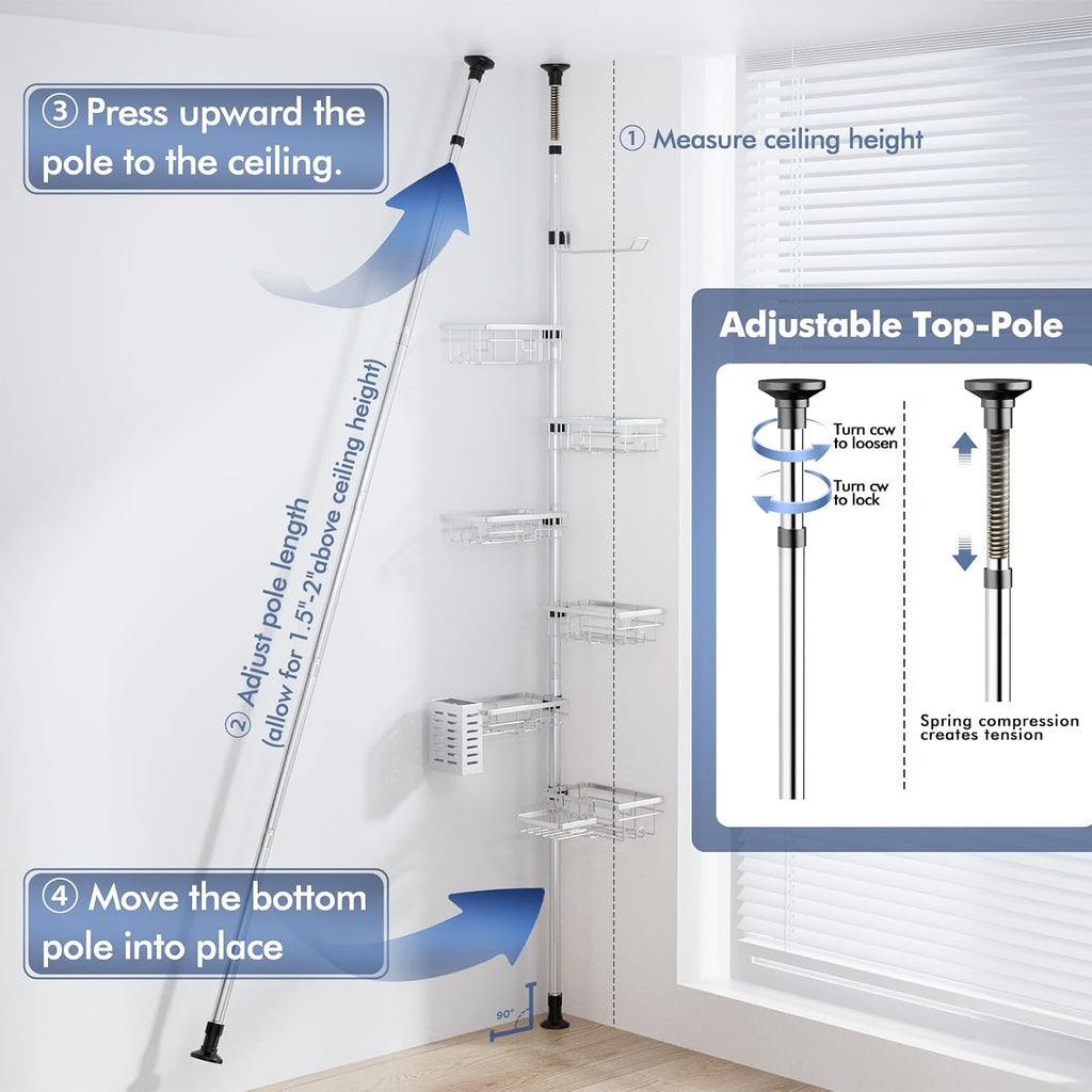 Shower Caddy Corner Tension Pole,Stainless Steel Shelves Bathroom Organizer