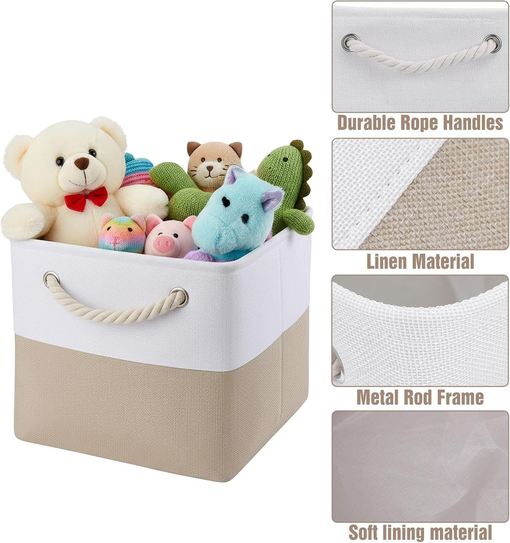 11 x 11 Inch Cube Storage Bins, 6 Pack Foldable Linen Organizer with Rope Handles for Home, Office, Closet, Clothes, Toys, White and Beige