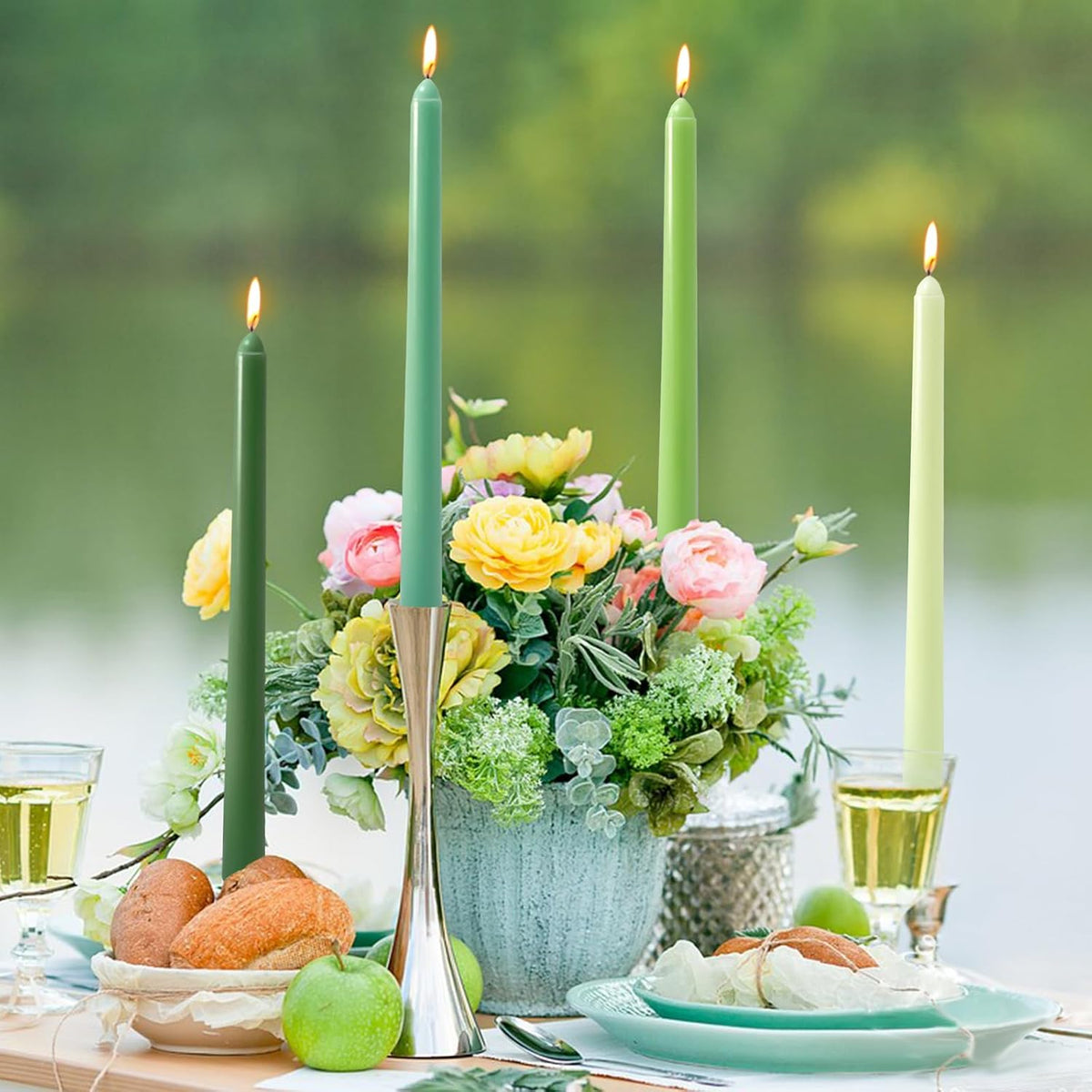 10 Inch Gradient-Green Taper Candles, 4 Packs Unscented Candlesticks for for Spring Dinner Wedding Christmas Party and Home Decoration, Dripless and Smokeless, 8-10 Hours Burn