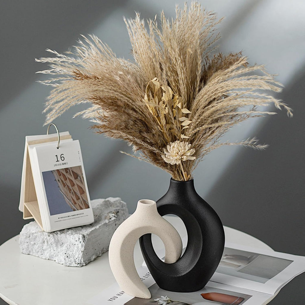 Liotww Black and Off-White Snuggle Hollow Ceramic Vase of 2 for Home Decor
