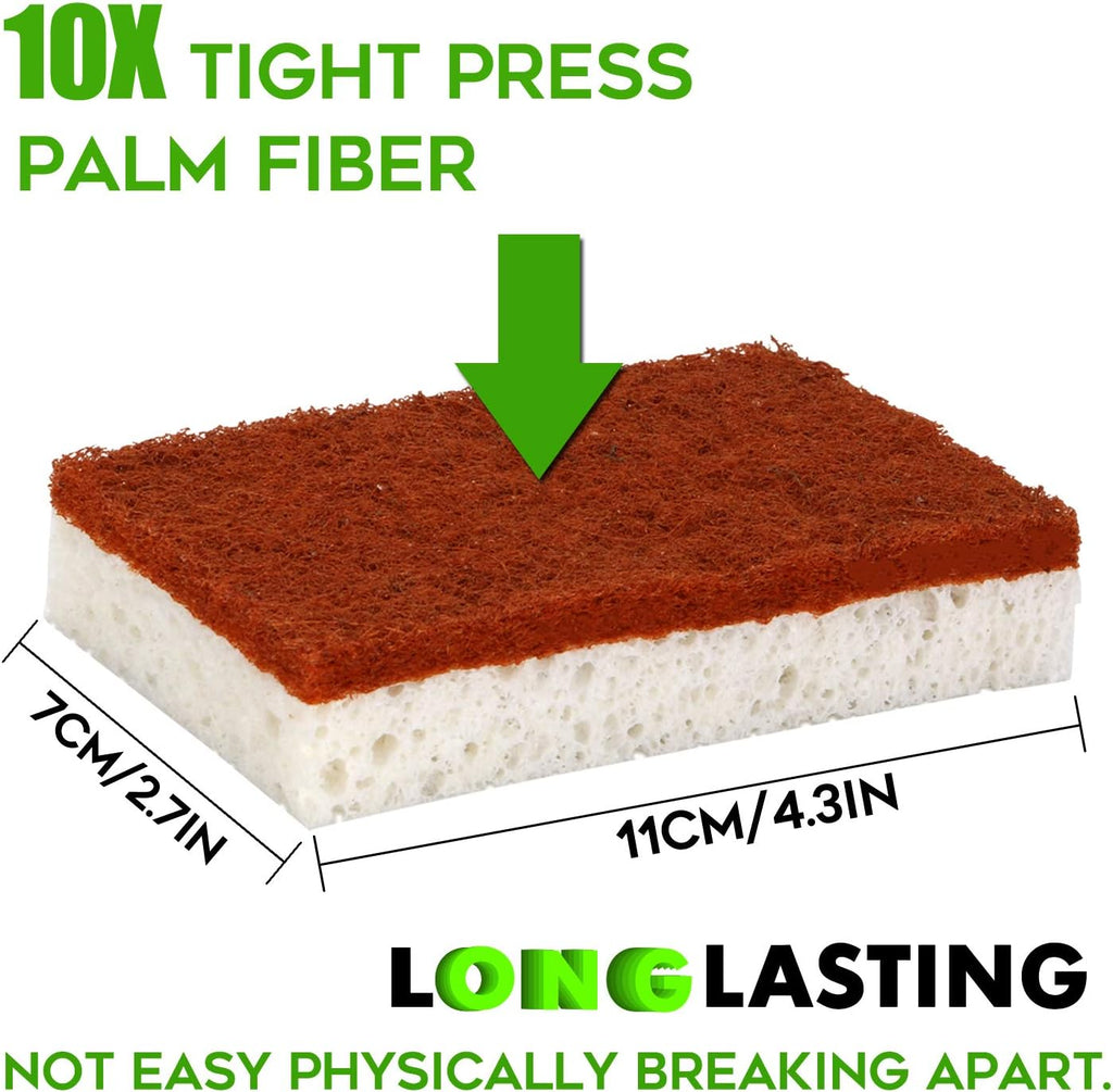 Natural Plant Based Scrub Sponge 12 Pack, Palm Fiber Scrubbing Sponge with Non Scratch Biodegradable Compostable Sponges,Long Lasting No Smell Dishwashing Kitchen Scrubber