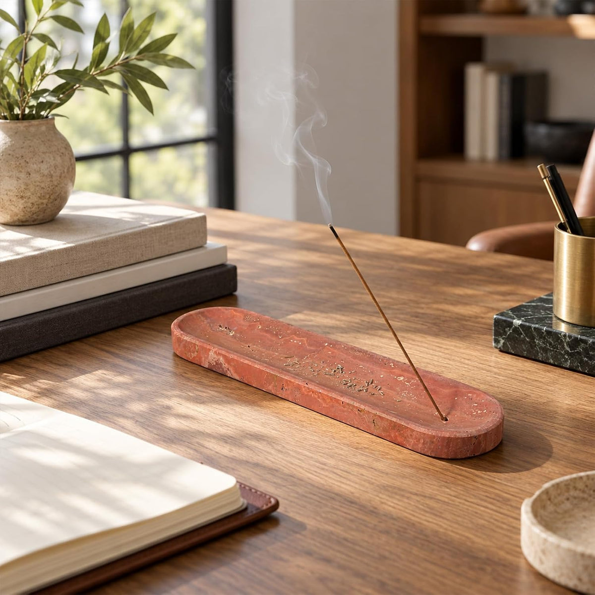 Koville Travertine Incense Holder, Incense Holder for Sticks, Long Incense Sticks Holder Ash Catcher for Meditation Yoga SPA, Natural Stone Incense Burner, Home Table Decor(Red)