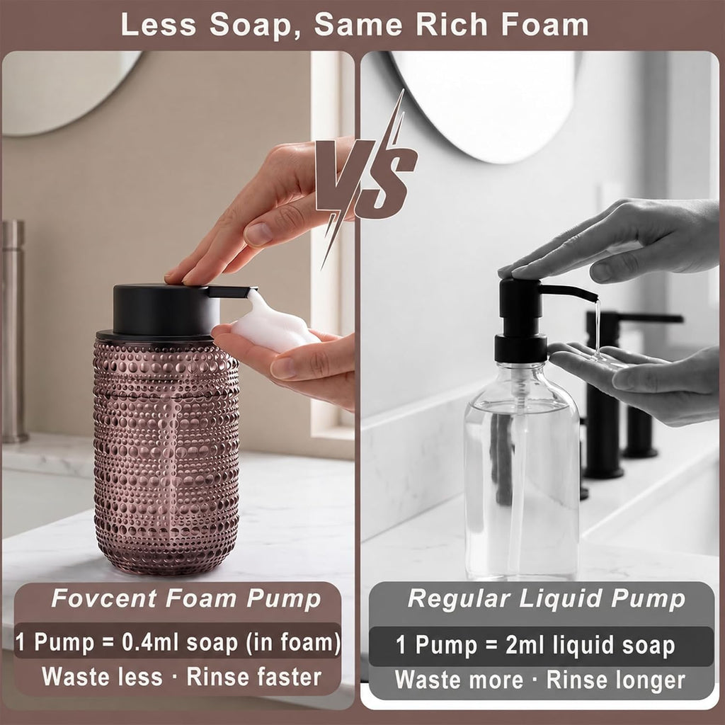 2 Pack Purple Glass Foaming Soap Dispenser, Vintage Foam Hand Soap Dispenser, 14 OZ Hobnail Texture Foam Dispenser with Black Pump for Bathroom, Kitchen, Refillable, Nordic Modern Farmhouse Decor