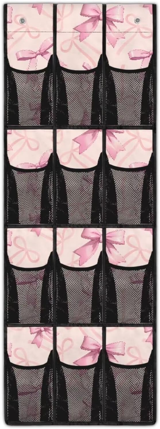 Pink Bow Pattern Space Saving Hanging Shoe Organizer,Entryway Bedroom Bathroom Storage Bags with 12 Mesh Large Pockets