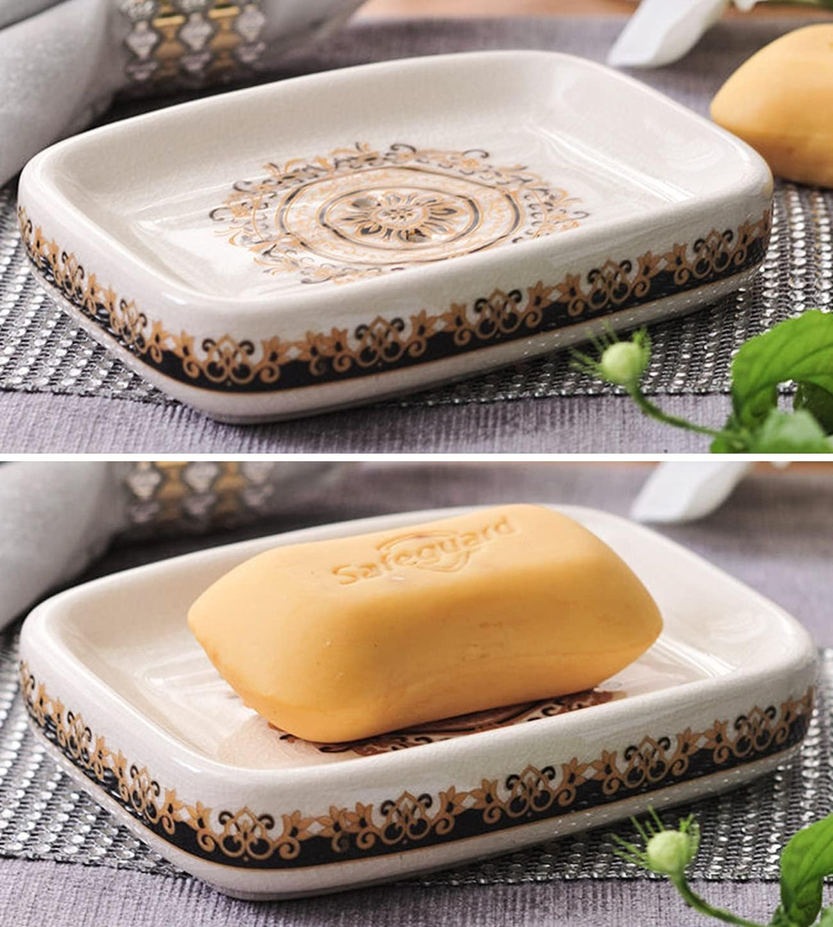 Kelake Ceramic Soap Dish Creative Ice Crack Ceramic French Sunflower Pattern Soap Dish Holder for Bathroom and Shower Soap Tray Box with Drain Gift for Mum Family