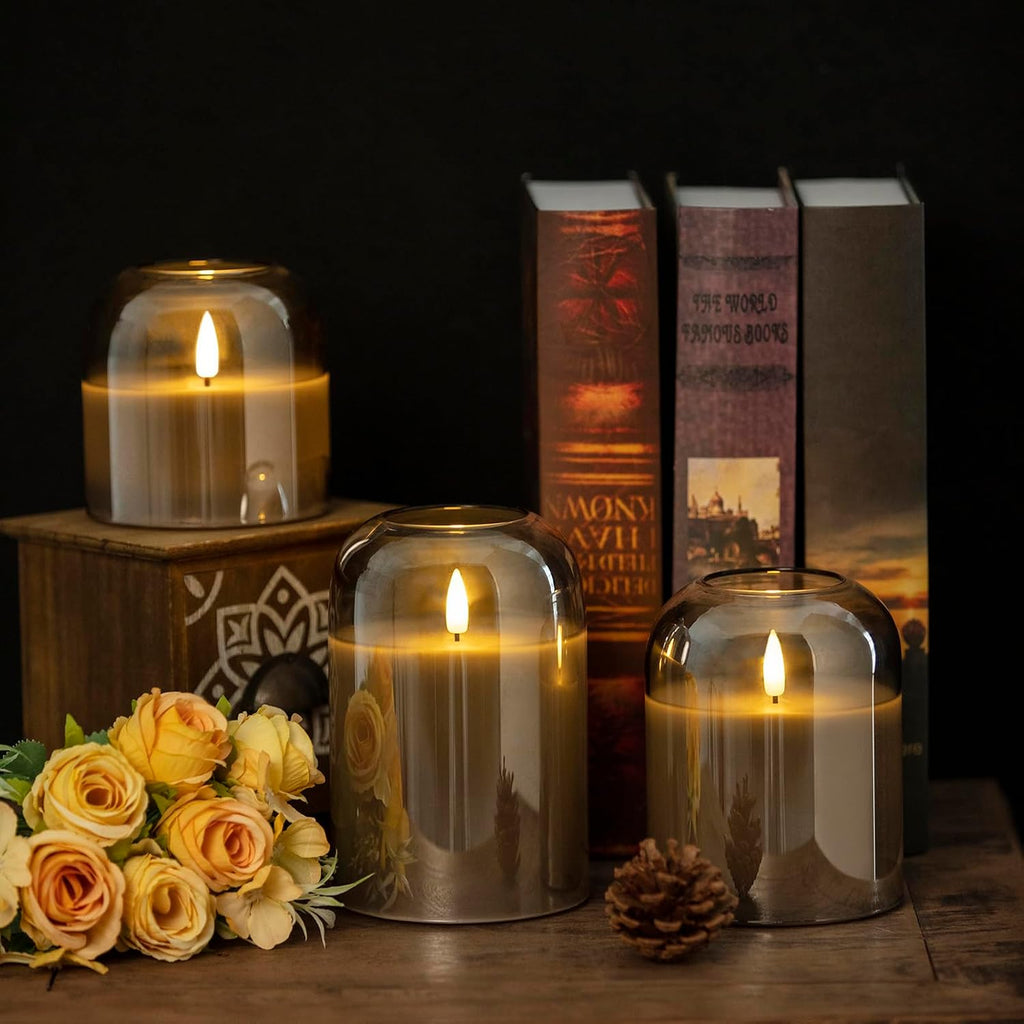 volnyus Grey Glass Flameless Candles with Remote Set of 3 Battery Operated Flickering LED Pillar Candles Real Wax Wick Φ 4" H 4" 5" 6", Gray