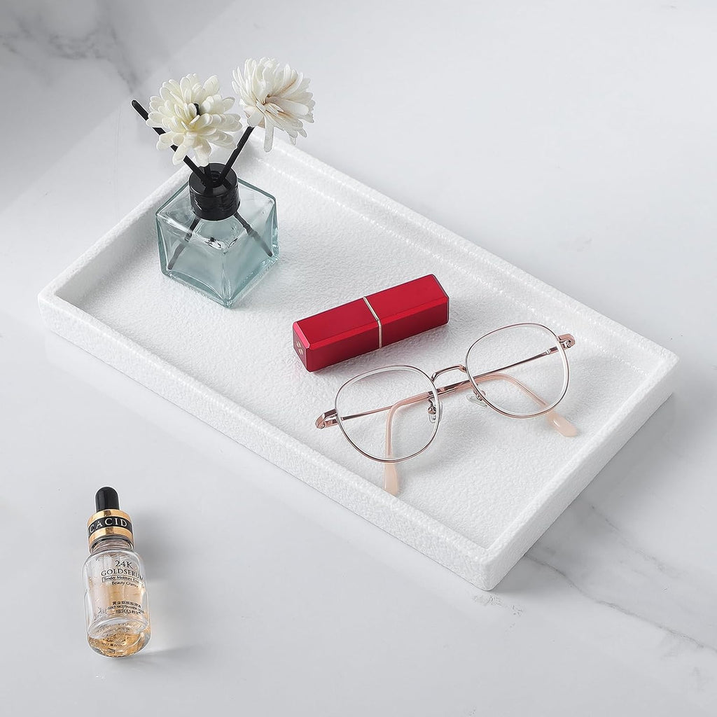 Bathroom Vanity Tray - 11'' Ceramic Rough-Textured Rectangle Countertop Tray, Heavy-Duty Organizer Plate for Perfume, Jewelry, Candles, Soap Dispenser, Kitchen Decorative Stone Trays, White