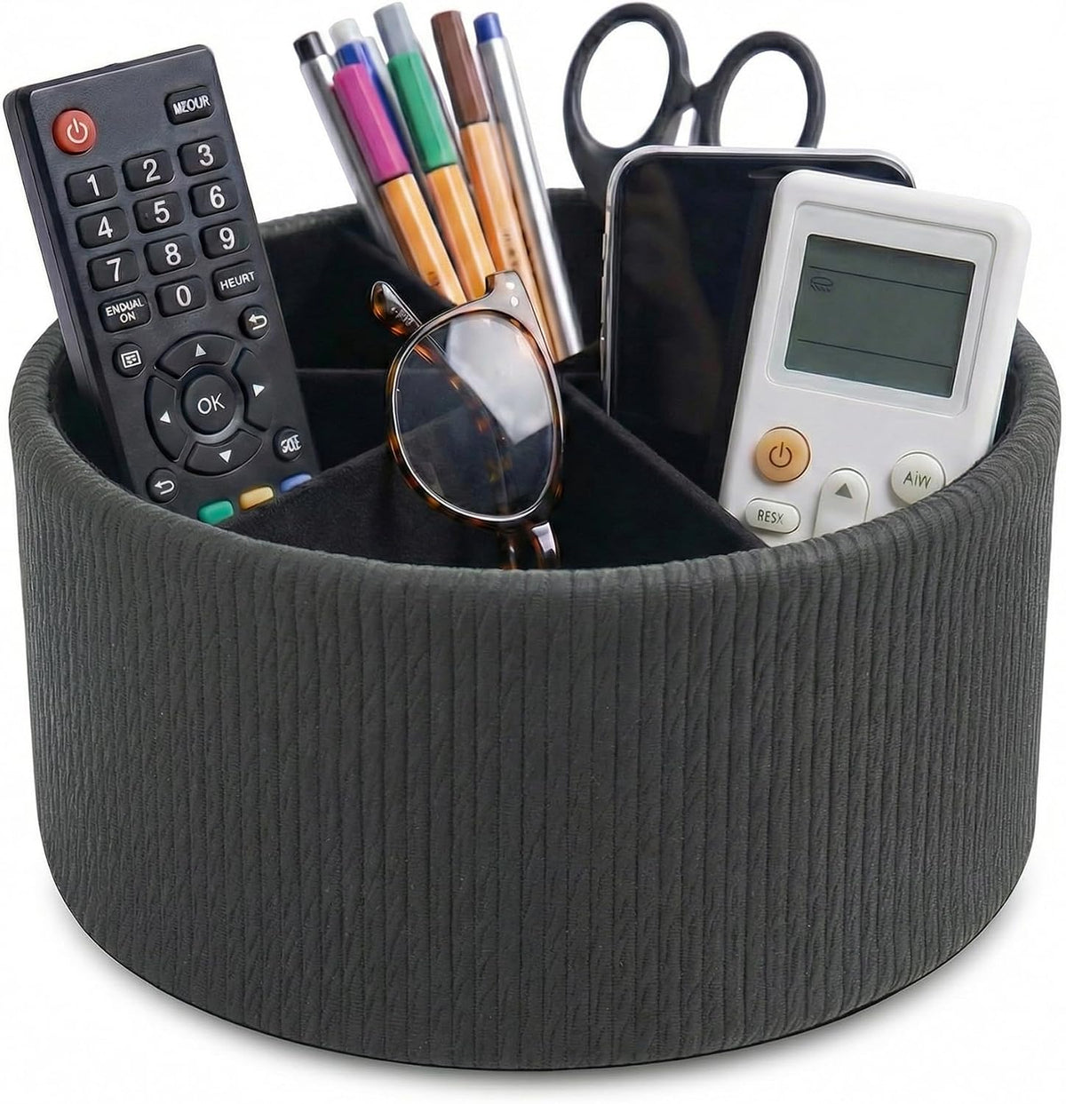 Remote Control Holder, 360°Spinning PU Leather Desk TV Remote Caddy,Desk Storage Box Room Accessories for Controller, Media,Mail,Calculator, Mobile Phone,Pencil(1-Big Wood Black)