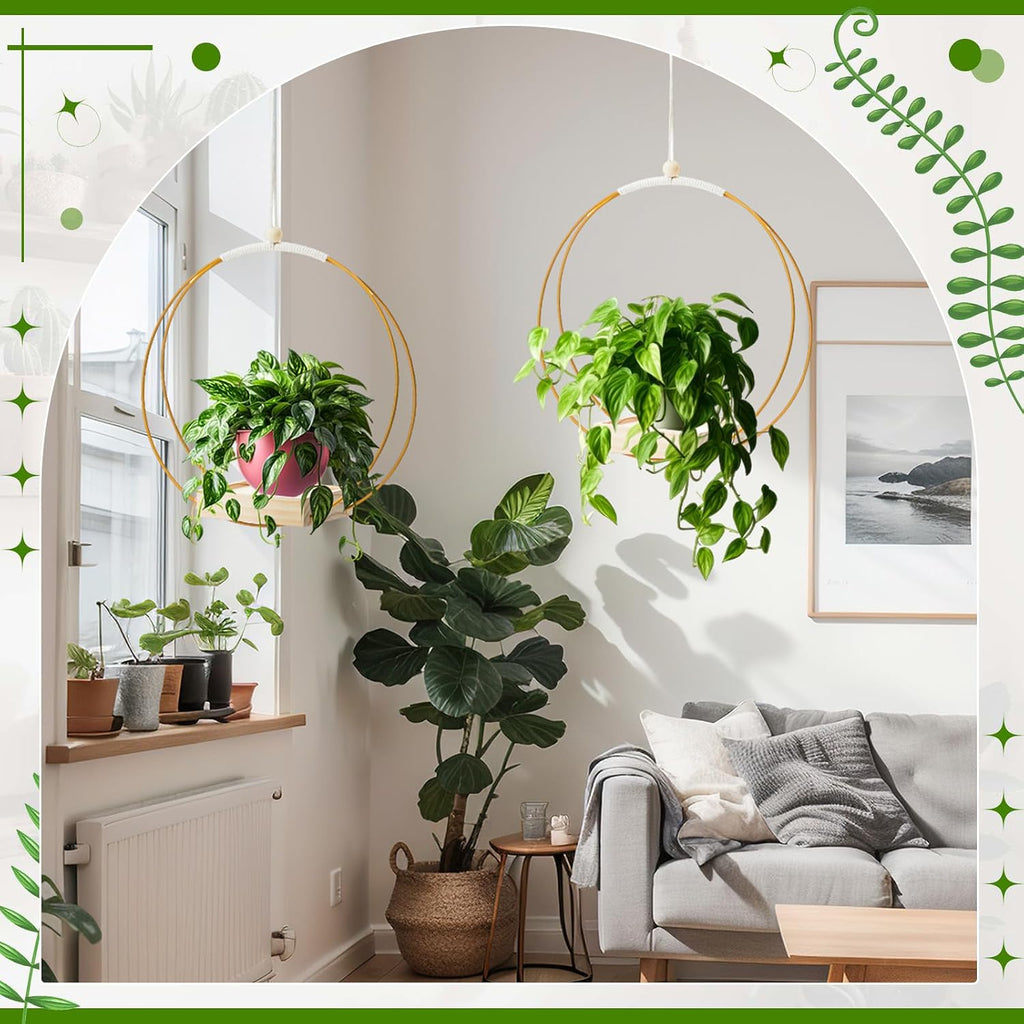 Geelin 4 Pcs Hanging Plant Holder with Wood Base Window Planter Boho, Gold