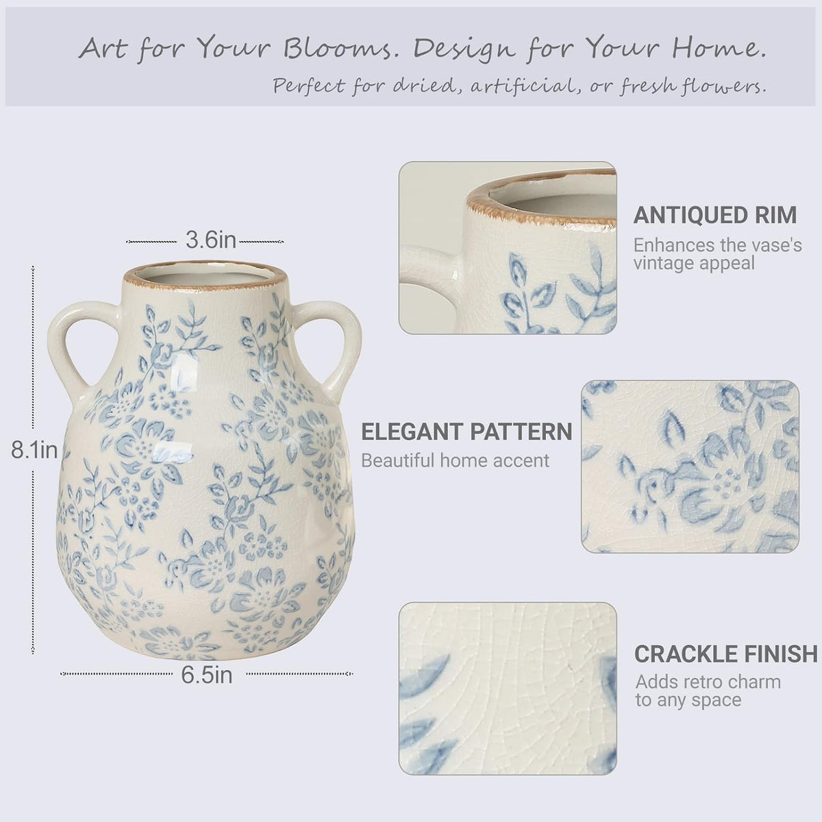 Blue and White Chinoiserie Ceramic Vase Vintage Flower Vase, 8.1in