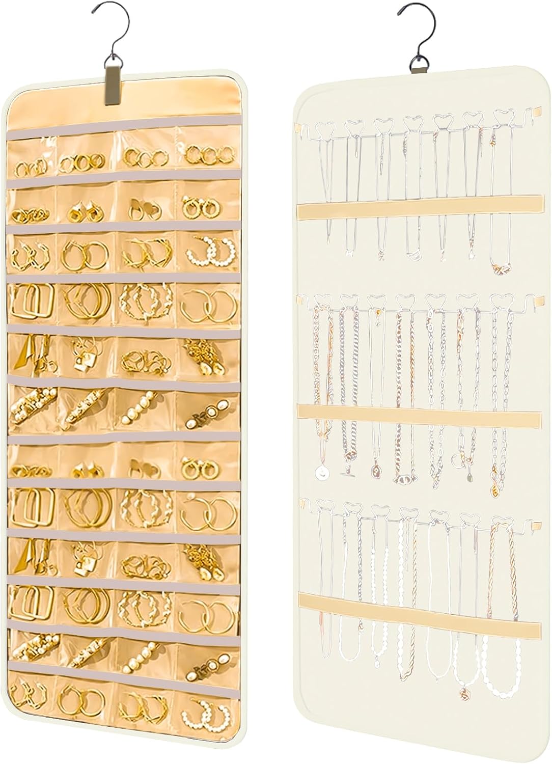 Bloss Hanging Jewelry Organizer with 48 Pockets, Double-Side Hanging Jewelrys Holder with Hanger Hooks, Jewelry Organizers and Accessories Storage for Earrings, Necklaces and Rings,Beige